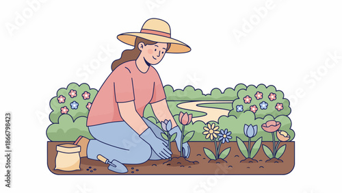 Woman gardening tending plants in a garden.