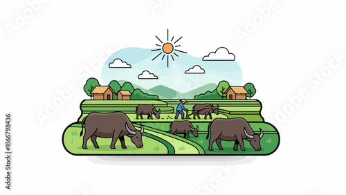 Cows grazing in a green pasture under a sunny sky.