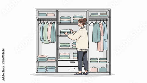 Person organizing wardrobe inside a closet space.