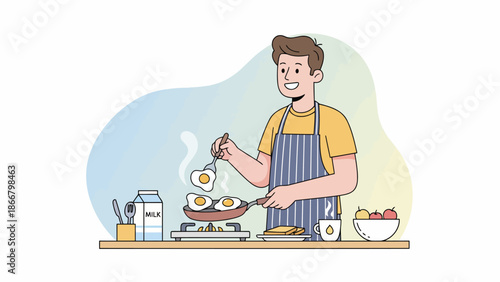 Male chef cooking in kitchen with pan.