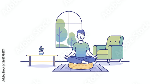 Meditating person in living room practicing mindfulness pose.