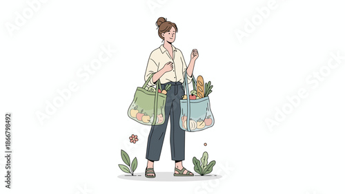 Woman Shopper Carrying Bags On White Background.