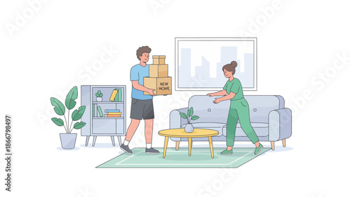 Two People Moving Boxes Inside Living Room.