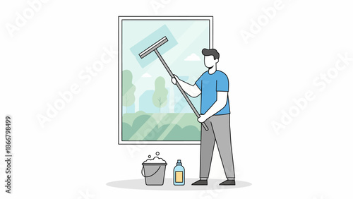 Professional Window Cleaner Using Squeegee On Window.