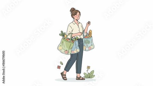 Woman Carrying Shopping Bags Walking Outdoors.
