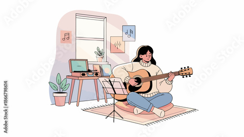 Young woman playing guitar in a cozy home setting.