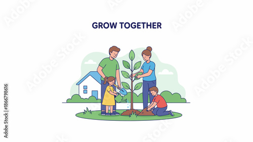 Family Planting Tree Together In Garden.