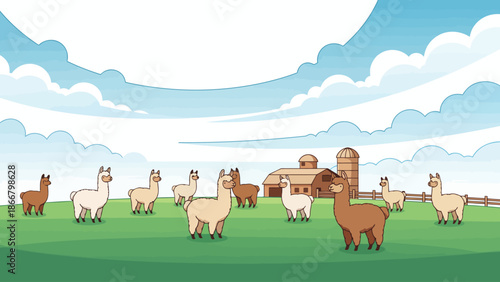 Group of Llamas Standing in Open Field.