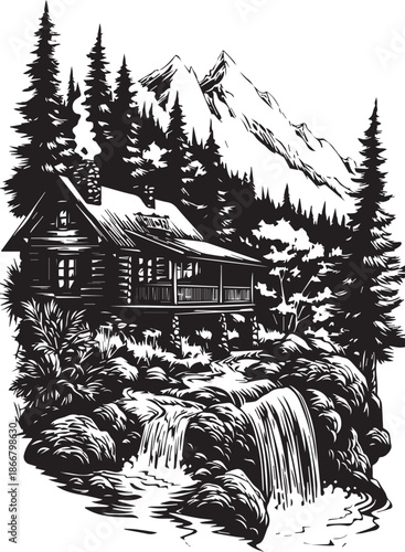 Cozy Mountain Cabin: Nestled in a serene mountain landscape, a charming cabin stands embraced by towering trees and a cascading waterfall. This illustration embodies the essence of rustic tranquility.