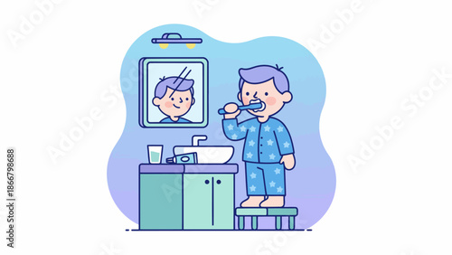 Young child brushing teeth at bathroom sink.