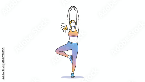 Female yoga practitioner in tree pose balancing posture.