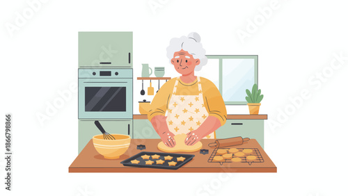 Female baker preparing cookies in a bright kitchen.