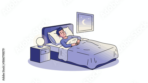 Sleeping Person Resting In Bed Cartoon Style.