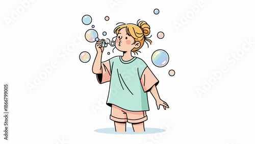 Young girl blowing bubbles with wand.