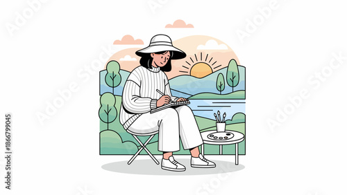 Relaxed man in sunhat sitting outdoors by water.