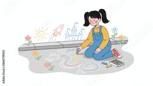 Young girl drawing chalk art on sidewalk with focus and joy.