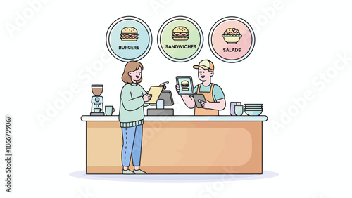 Customer at cafe counter placing order.