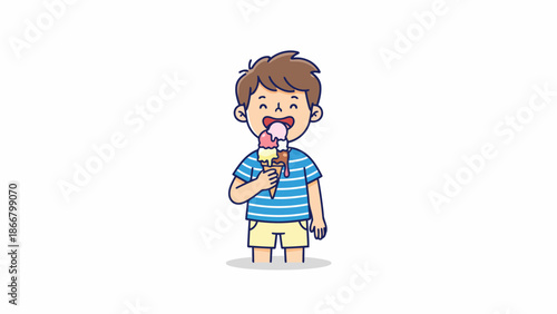 Cute boy cartoon eating ice cream cone happily.