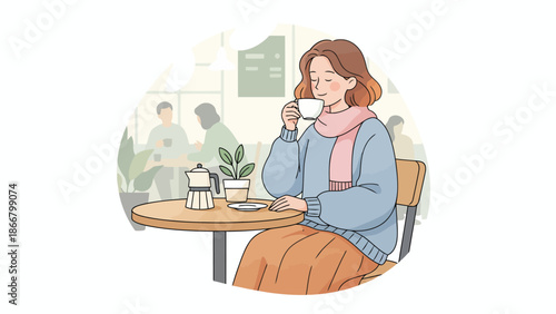 Woman Drinking Coffee at a Cafe Illustration.