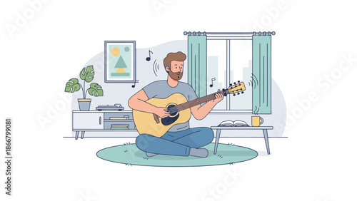 Man playing acoustic guitar indoors in living room.