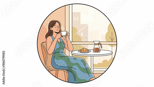 Woman Enjoying Coffee Inside a Cozy Cafe Illustration.