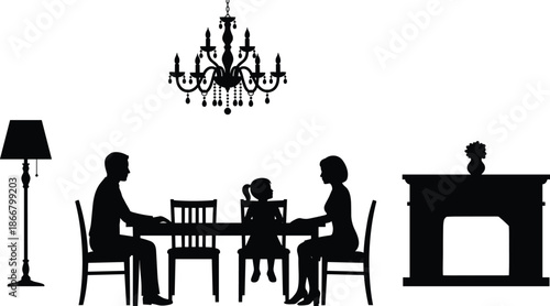 Family dinner silhouette with parents and child dining at table under chandelier fireplace interior black illustration isolated white background design