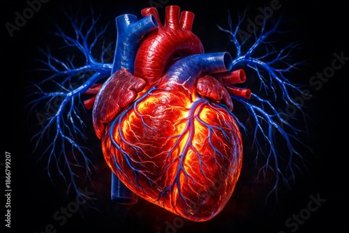 Human heart organ glowing with arteries veins