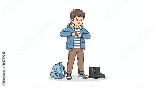 Cartoon Young Boy Standing With Backpack.