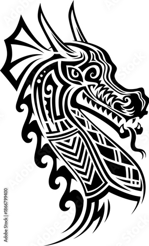 New Zealand Maori tribal dragon animal tattoo or symbol. Polynesian Maori culture motif dragon animal tattoo, tribal graphic vector print. Hawaiian tribe abstract symbol or ethnic warrior black sign