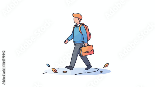 Man Walking with Backpack and Briefcase.