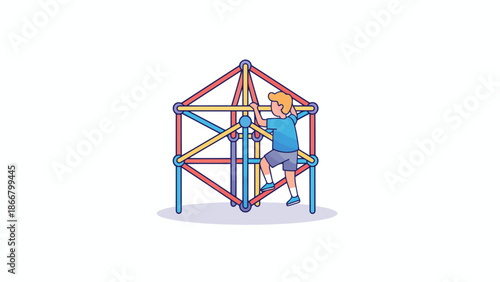 Child climbing colorful playground structure during playtime.