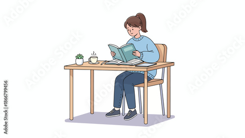 Person Studying At Desk Reading Book Focused Learner.