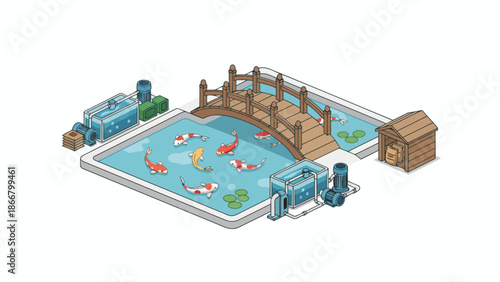 Isometric Pool Scene with Bridge and Water Slide.