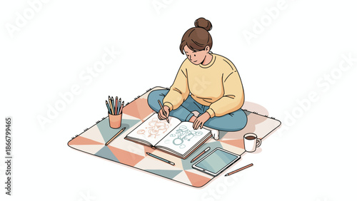 person sitting on floor drawing with pencils and notebook.
