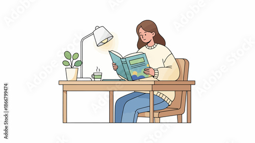 Young woman reader at desk with book for study.