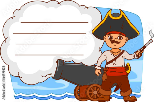 Pirate kids memo note frame with corsair boy character, vector message label or sticker. Kids memo note or notepad paper sheet with cartoon Caribbean pirate boy or sailor with cannon and musket gun