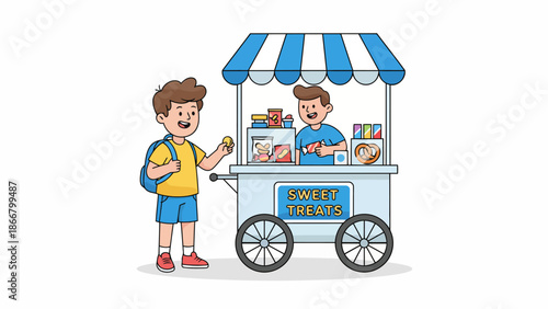 Vibrant waffle cart vendor and customer scene.