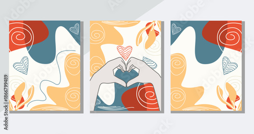 Abstract art posters for an art exhibition music, literature or painting. Vector illustrations of shapes, leaves, portraits of people, greeting card, hands