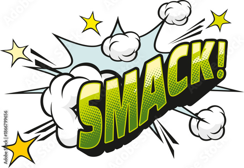 Smack comic sound effect speech bubble label. Expression balloon retro label, comic speech splash vintage vector tag. Exclamation bubble halftone effect with blue typography and explosion effect