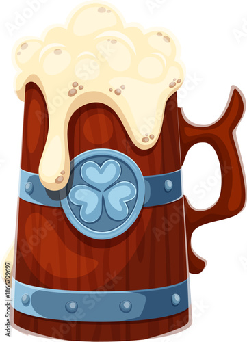 Happy St Patrick s day holiday beer or ale. Irish pub alcohol beverage isolated wooden tankard with clover, Saint Patrick party ale icon. Ireland culture holiday foamy beer cartoon vector drink