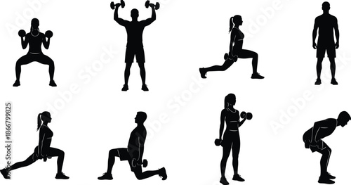 Collection of Fitness Silhouettes Featuring Men and Women Performing Various Weightlifting Exercises Like Squats Lunges and Curls for Gym Marketing