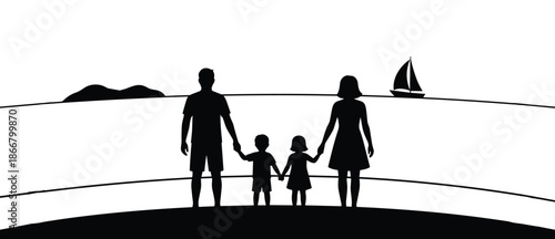 Family silhouette standing together by seaside horizon, parents holding children hands, peaceful ocean view, love bonding concept, minimal travel illustration art
