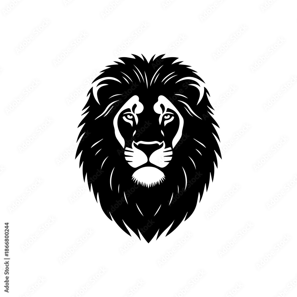 Obraz premium Isolated black and white lion head vector illustration featuring a powerful wild animal mascot silhouette for a feline nature tattoo or wildlife art symbol