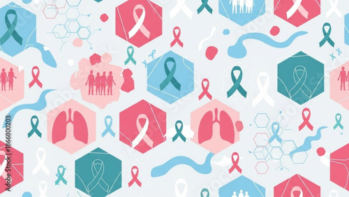 A colorful vector graphic illustration of cancer awareness ribbons and medical symbols
