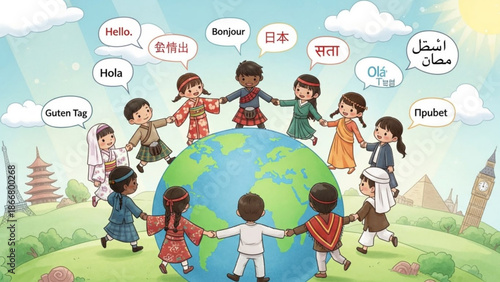 A diverse group of children in traditional clothing holding hands around the globe with greetings in multiple languages