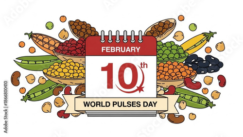 A vibrant illustration celebrating World Pulses Day on February 10th with various legumes and vegetables