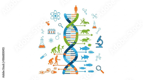A colorful vector graphic illustration of a DNA double helix with various science and biology symbols