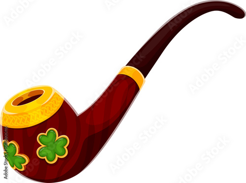 St Patrick's day smoking pipe holiday icon or symbol. Ireland culture cartoon vector attribute, Saint Patrick party symbol. Irish folk holiday icon with smoking pipe decorated gold and clover leaves