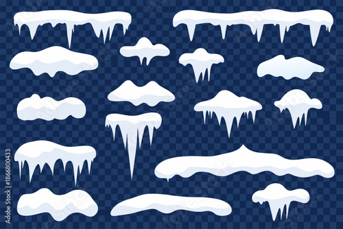 A collection of various icicles and snowdrift shapes on a transparent background