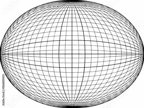 A black and white illustration of a sphere with a grid pattern overlay